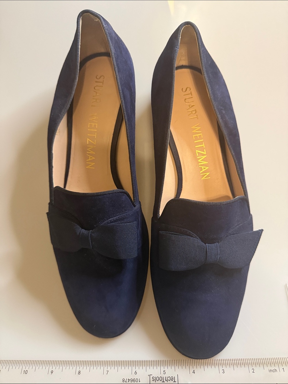 Stuart Weitzman Navy Suede Bow Loafers - Women's
